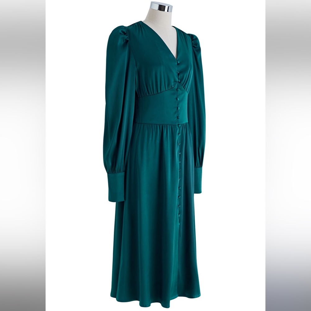 PUFF SLEEVES BUTTON UP SATIN MIDI DRESS IN EMERALD